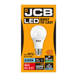 A package of JCB 14W Non-Dimmable LED GLS Bulbs is displayed against a vibrant yellow background. The text showcases its key features: Built to Last, Uses 86% Less Energy, 6-Year Lifespan, 6500K Daylight color, and a GLS ES/E27 fitting. This bulb effectively replaces traditional 100W bulbs with its impressive 1521 Lumen output and holds an energy rating of F.