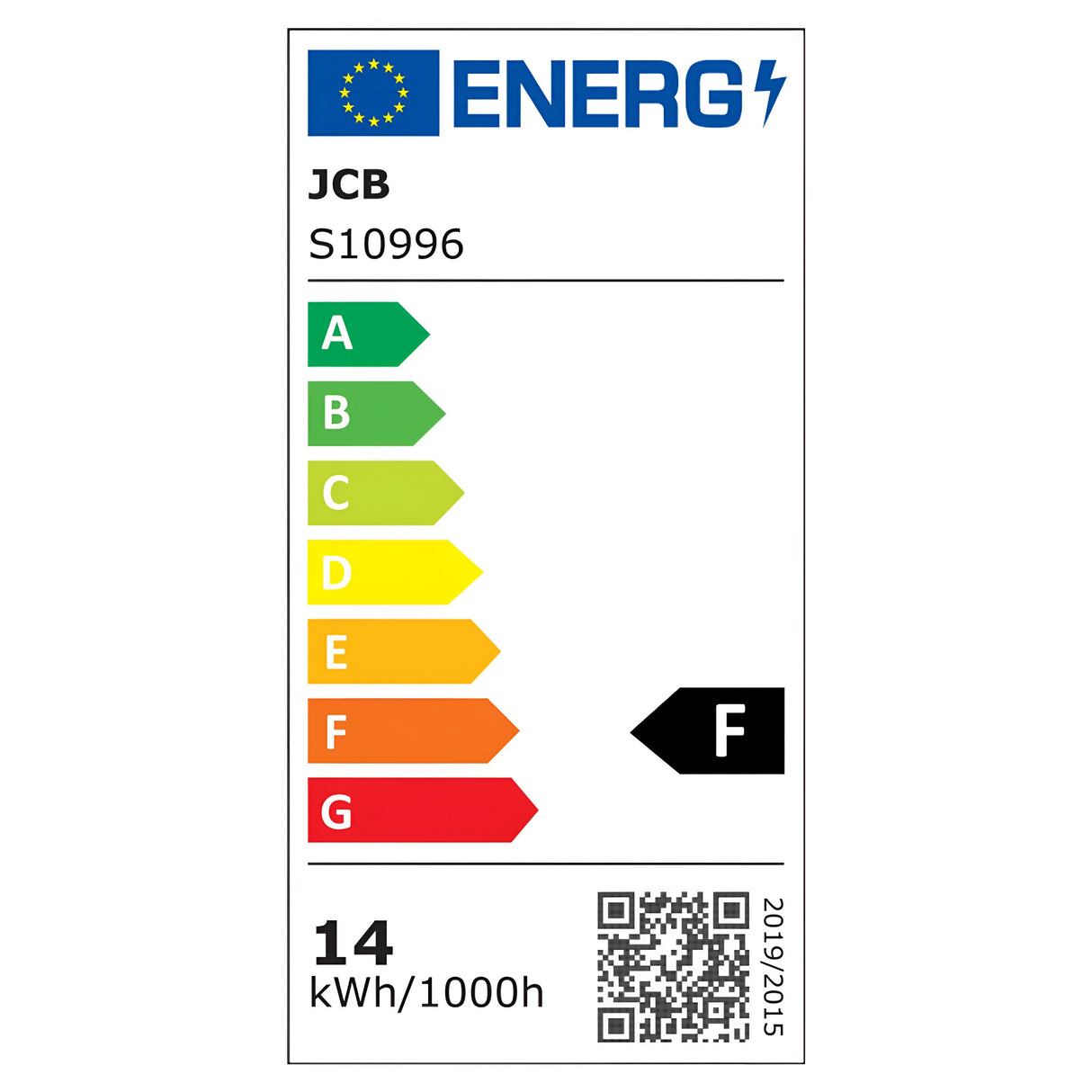 Energy label for JCB 14W Non-Dimmable LED GLS Bulb - Daylight, E27, 6500K model, rated F with an annual energy consumption of 14 kWh/1000h. The label includes a scale from A (green) to G (red), highlighting its energy efficiency, along with an EU flag, QR code, and reference to regulation 2019/2015.