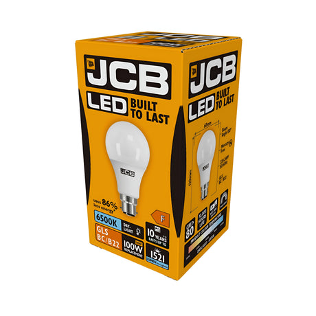 The box of the JCB 14W Non-Dimmable LED GLS Bulb, labeled BUILT TO LAST, showcases a photo of this energy-efficient bulb in yellow and black colors. It provides a daylight color temperature of 6500K, fits GLS BC/B22 sockets, has an output equivalent to 100W with 1521 lumens, and offers a lifespan of up to 10 years. Its energy rating is F.