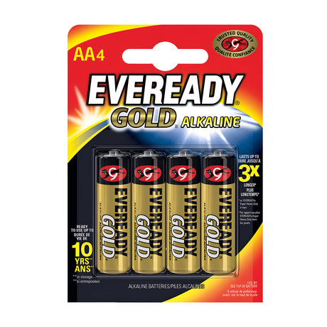 Packaging of four Eveready AA Alkaline Gold Batteries, known for their trusted quality and extended power longevity. These batteries have a 10-year shelf life and last three times longer than standard options. The packaging features a vibrant background in red, yellow, and black with prominent text for high visibility.