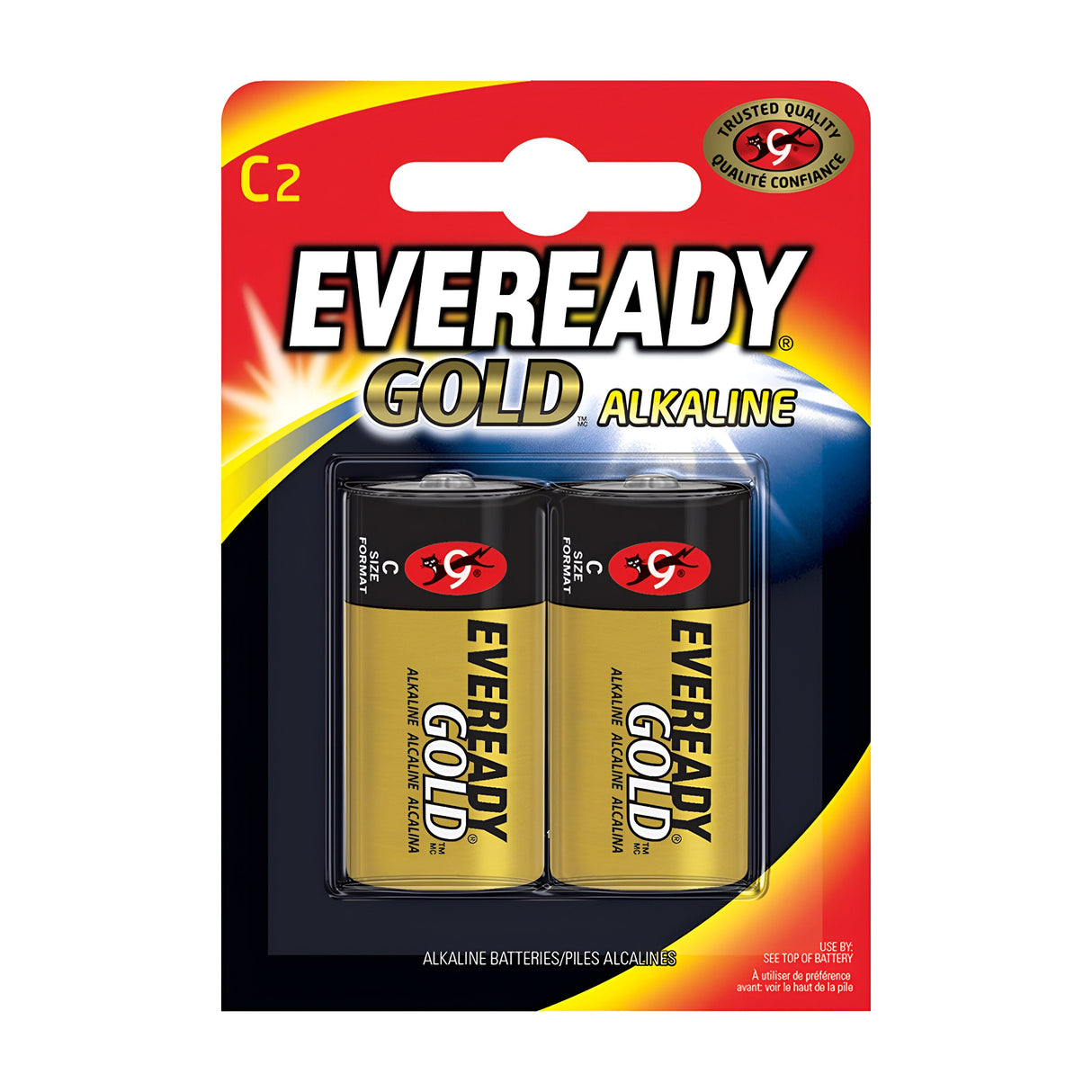 The packaging for the Eveready C Size Alkaline Gold Batteries (2 Pack) features a dynamic red and yellow design adorned with the Eveready logo. Promising Trusted Quality, these batteries deliver long-lasting power through their advanced alkaline technology.