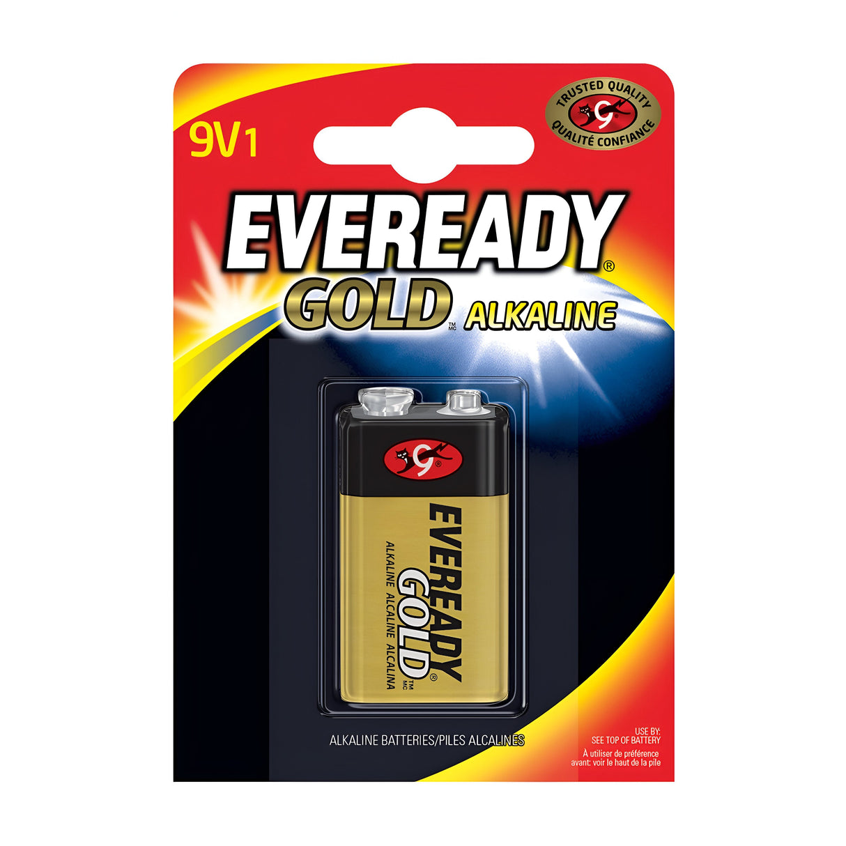 The packaging for the Eveready 9V Alkaline Gold Battery (1 Pack) features a striking combination of red, orange, yellow, and black. Designed for household electronics, it emphasizes Trusted Quality with the battery prominently displayed through a clear window.