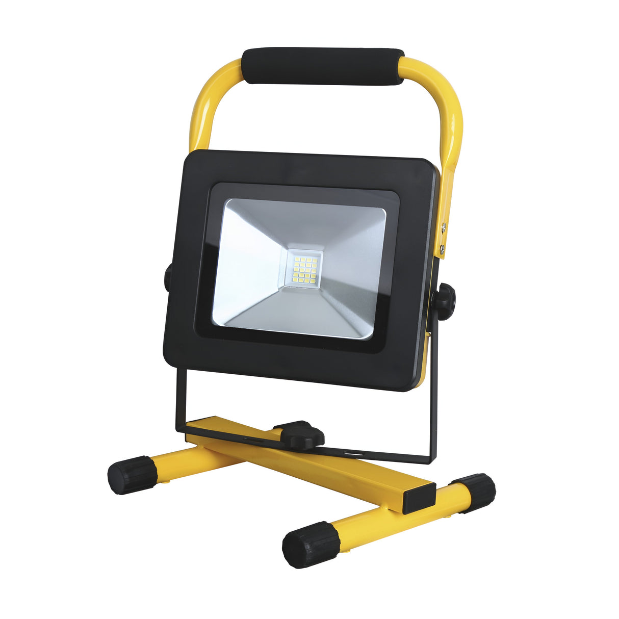 The PowerMaster 20W LED Rechargeable Worklight is a portable worklight with an energy-efficient SMD LED, featuring a black frame and yellow stand. It has a square shape with a reflective surface, adjustable base, rounded handle, and four black feet for stability.