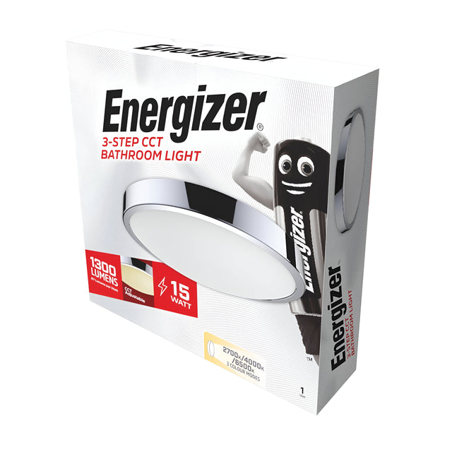 The packaging for the Energizer LED Flush Ceiling Light CCT Adjustable - White features an image of the light fixture. The box highlights key features such as 3-Step CCT, 1300 Lumens, and a power usage of 15 Watts. A cartoon battery character is prominently displayed on the side, underscoring its smart functionality with customizable lighting options.