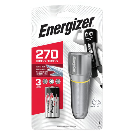 Packaging of the Energizer Vision HD Metal LED Torch 270 Lumen, which comes with two AAA batteries. This compact flashlight boasts durable alloy construction and MAXVIZ technology, offering 270 lumens, three lighting modes, and water resistance. Additionally, a friendly battery character is illustrated on the side.