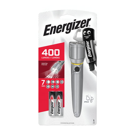 The packaging of the Energizer Vision HD Metal LED Torch 400 Lumen highlights digital focus utilizing MAXVIZ technology for high-definition lighting, and comes with two included AA batteries. It offers 7 modes, IPX4 water resistance, and features an illustrated battery character at the top right.