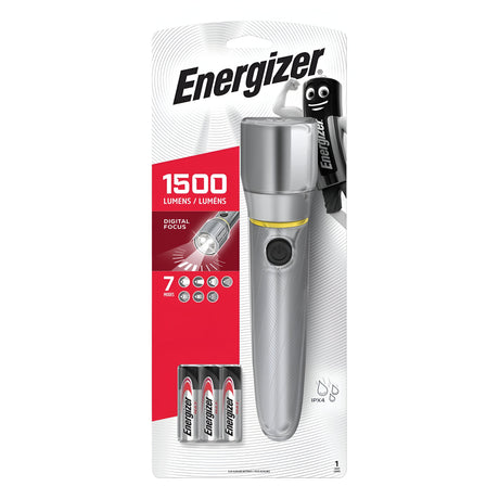 The Energizer Vision HD Metal LED Torch, featuring 1500 lumens and advanced MAXVIZ technology for digital focus, showcases a sleek silver design. Its red and white packaging prominently displays the Energizer logo along with a charming battery character graphic in the top right corner, ensuring you experience brilliance with VISION HD. Batteries are included with this product.