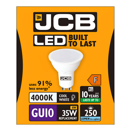 Packaging for the JCB 3W GU10 Non-Dimmable LED Bulb delivers daylight-like, cool white illumination at 4000K, sporting an energy rating of F. This bulb emits 250 lumens while using just 3W of power, making it approximately 91% more energy-efficient compared to a traditional 35W equivalent. The design features bright orange and white colors with bold text, showcasing a lifespan of up to 10 years.