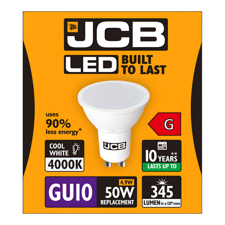 Explore the JCB 4.9W GU10 Non-Dimmable LED Bulb in Cool White (4000K), which boasts a 10-year lifespan and provides 345 lumens as an energy-efficient replacement for a 50W bulb. With energy class G efficiency, it offers up to 90% energy savings. The product is attractively packaged in bold orange and black colors.