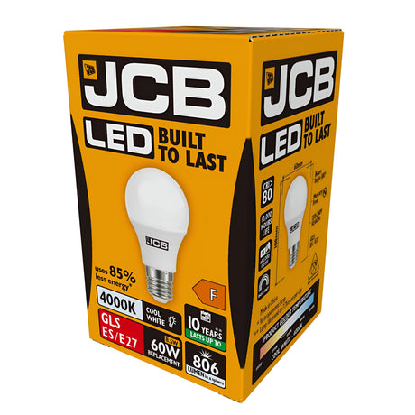 A packaging box for the JCB 8.5W Non-Dimmable LED GLS Bulb in Cool White (4000K) features a predominantly yellow design, highlighting its energy-saving Built to Last technology, compatibility with GLS ES/E27 fittings, 806 lumens brightness, equivalent replacement of a 60W bulb, and an impressive lifespan of up to 10 years. The energy rating is F.