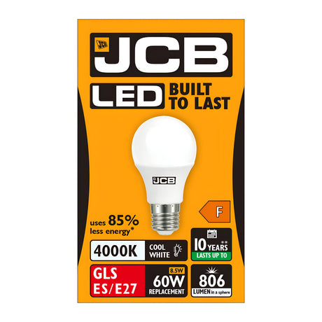 The image showcases the striking orange and black packaging of the JCB 8.5W Non-Dimmable LED GLS Bulb. The text emphasizes its key features: durable construction, cool white light at a color temperature of 4000K, energy efficiency with 85% less energy consumption compared to traditional bulbs, a suitable replacement for 60W incandescent bulbs, longevity of up to 10 years, and a brightness level of 806 Lumens.