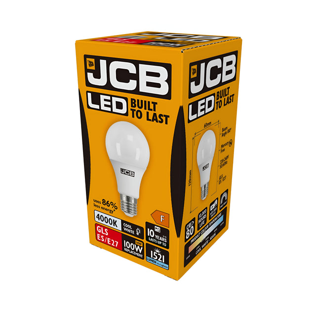 A JCB 14W Non-Dimmable LED GLS Bulb depicted against a white background is encased in a predominantly yellow box featuring black and white text. It highlights key features such as energy-efficient cool white light at 4000K, delivering 1521 lumens and equivalent to a 100W bulb, with an impressive lifespan of 15,000 hours.