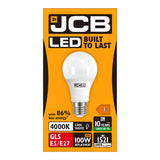 Image of the JCB 14W Non-Dimmable LED GLS Bulb packaging. The orange box with white and black text highlights its energy-efficient lighting at 4000K cool white, consuming 86% less energy. It has a lifespan of 10 years, provides 1521 lumens, and holds an F energy rating. Designed for GLS ES/E27 fittings as a replacement for a 100W bulb.