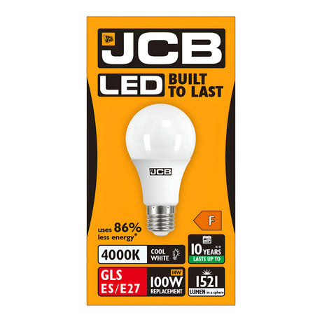 Image of the JCB 14W Non-Dimmable LED GLS Bulb packaging. The orange box with white and black text highlights its energy-efficient lighting at 4000K cool white, consuming 86% less energy. It has a lifespan of 10 years, provides 1521 lumens, and holds an F energy rating. Designed for GLS ES/E27 fittings as a replacement for a 100W bulb.