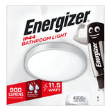 The packaging for the Energizer LED Flush Light 11.5W 4000K - White showcases a sleek light fixture providing 900 lumens of cool white LED light, rated at 11.5 watts with an IP44 protection against water spray. Also featured on the box is the iconic Energizer battery mascot.