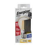 The packaging of the Energizer 5W Non-Dimmable LED GLS Filament Bulb - Warm White, B22, 2700K highlights its vintage-inspired design and energy-efficient lighting features: offering a warm white light of 2700K with a brightness of 550 lumens, equivalent to a traditional 40W bulb, and boasting an impressive lifespan of up to 15 years.