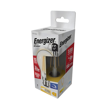 The Energizer 5W Non-Dimmable LED GLS Filament Bulb packaging highlights its warm white light at 2700K, delivering a vintage-inspired design with a 40W equivalent and 550 lumens. Offering energy-efficient lighting with an impressive lifespan of 15,000 hours over 15 years, the package includes a bulb diagram and key product features.