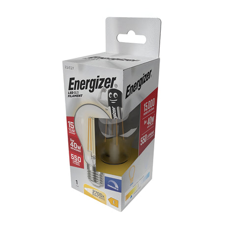 A product image displays the Energizer 5W Dimmable LED GLS Filament Bulb in Warm White, featuring a 15,000-hour lifespan and dimmable LED technology. This bulb delivers a 550-lumen output, equivalent to a traditional 40W bulb, with a warm light of 2700K. The packaging is predominantly white with yellow accents.