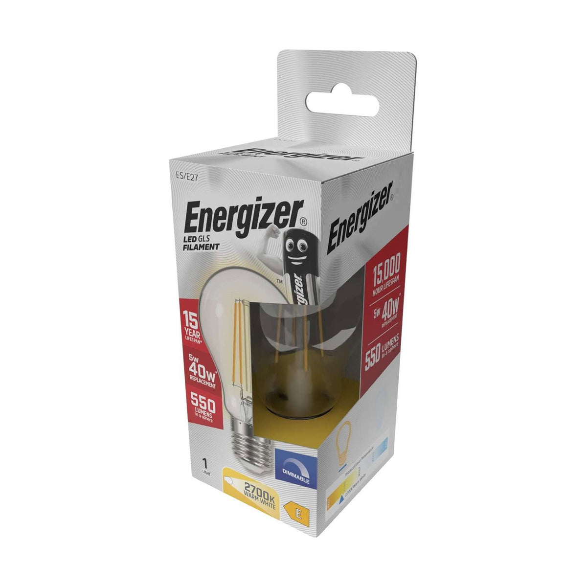 E27 LED Filament GLS Bulb 5W 550lm Dimmable - Warm White 2700K retail pack