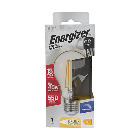 The packaging of the Energizer 5W Dimmable LED GLS Filament Bulb - Warm White, E27, 2700K highlights features such as a 15-year lifespan, equivalent replacement for a 40W bulb, a brightness of 550 lumens, dimmability, and an energy rating of E.