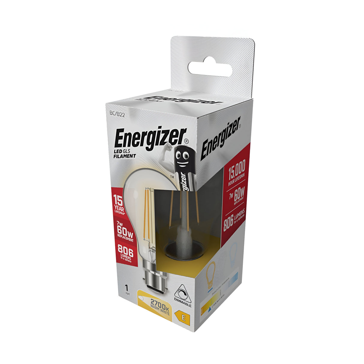 The packaging of the Energizer 7W Dimmable LED GLS Filament Bulb - Warm White, B22, 2700K highlights a vintage filament bulb design, providing specifications such as a 15,000-hour lifespan and a 7W power consumption equivalent to 60W. It offers dimmable soft white light at 2700K with an output of 806 lumens. The box includes a hanging tab and a clear window that reveals the decorative lighting fixture inside.