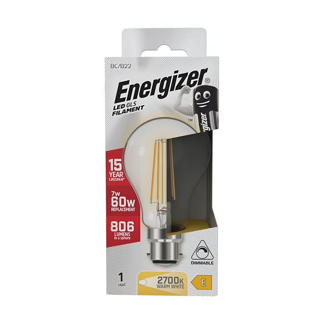 The packaging image of the Energizer 7W Dimmable LED GLS Filament Bulb displays a design featuring a 2700K warm white vintage filament bulb. It provides 806 lumens and functions as a dimmable LED bulb, offering the equivalent of 60W while using only 7W. Ideal for decorative lighting fixtures, it promises a lifespan of up to 15 years and includes an adorable cartoon battery character.