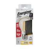 The packaging presents the Energizer 7W Dimmable LED GLS Filament Bulb, which is a 60W equivalent light source. It emits warm white light at 2700K, providing 806 lumens of brightness and offers a lifespan of up to 15 years. The bulb's E27 base is set against a crisp white background.