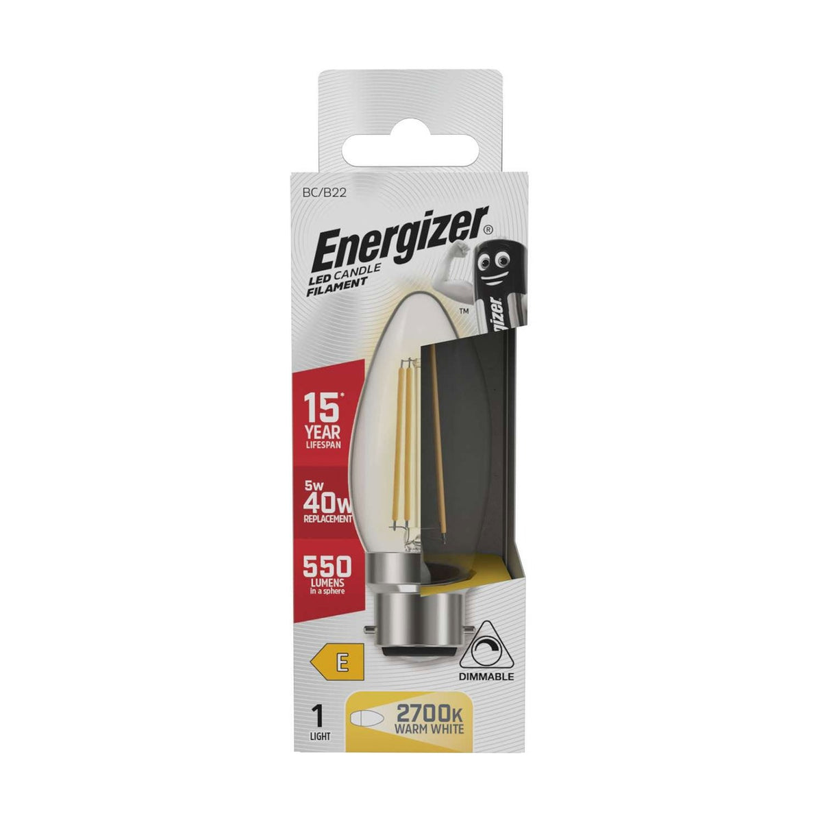 B22 LED Filament Candle Bulb 5W 550lm Dimmable - Warm White 2700K retail pack