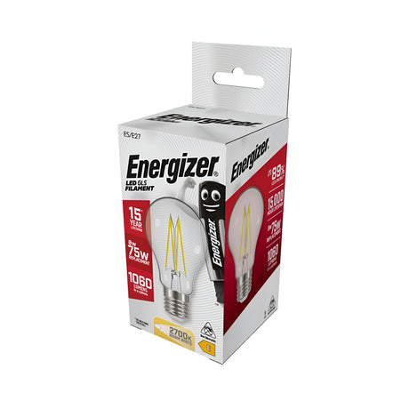 A white and red box of Energizer 8W Non-Dimmable LED GLS Filament Bulbs highlights advanced LED technology. The packaging displays an image of the bulb with an Edison screw fitting, and includes details such as a 15-year lifespan, 8W power consumption equivalent to 75W, and delivers 1060 lumens with warm white illumination at a color temperature of 2700K.