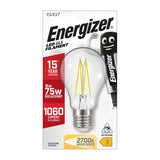 The Energizer 8W Non-Dimmable LED GLS Filament Bulb, with an E27 fitting, offers advanced LED technology and features a lifespan of 15 years. It serves as a 75W replacement while consuming just 8W, delivering 1060 lumens of warm white illumination at 2700K and an energy rating of E. The packaging prominently displays a smiling battery character.