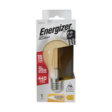 This Energizer 4W Non-Dimmable LED GLS Gold Filament Bulb packaging highlights its vintage design and warm white glow with a color temperature of 2200K. Featuring an E27 screw cap, the bulb provides a brightness of 440 lumens, equivalent to a 35W bulb, with a lifespan of up to 15 years. The package contains one bulb.