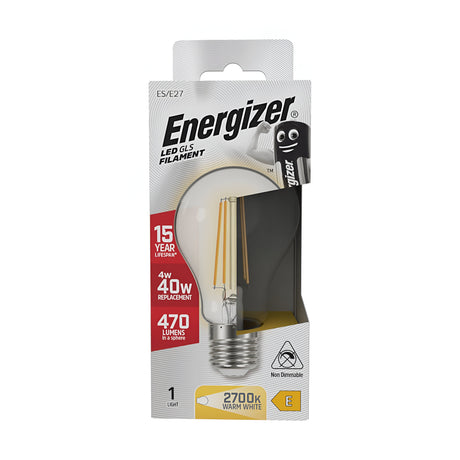 An Energizer 4W Non-Dimmable LED GLS Filament Bulb offers energy-efficient illumination with a vintage-inspired look. The packaging notes a lifespan of 15 years, delivering light output equivalent to 40W with 470 lumens and a warm white glow at 2700K. It features an ES/E27 fitting.