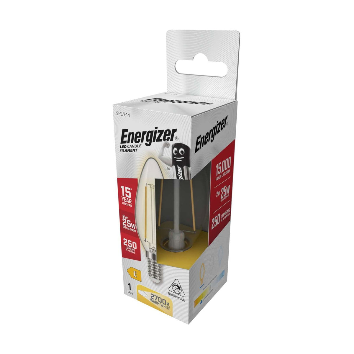 E14 (SES) LED Filament Candle Bulb 2W 250lm - Warm White 2700K retail pack