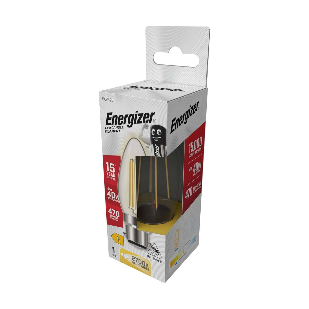 B22 LED Filament Candle Bulb 4W 470lm - Warm White 2700K - Energizer retail pack