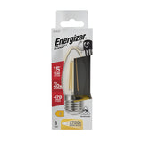 Packaging for the Energizer 4W Non-Dimmable LED Candle Filament Bulb in warm white, featuring an E27 screw cap. Offers a 15-year lifespan, providing light equivalent to a 40W bulb with 470 lumens at a color temperature of 2700K. Rated as energy-efficient class E.
