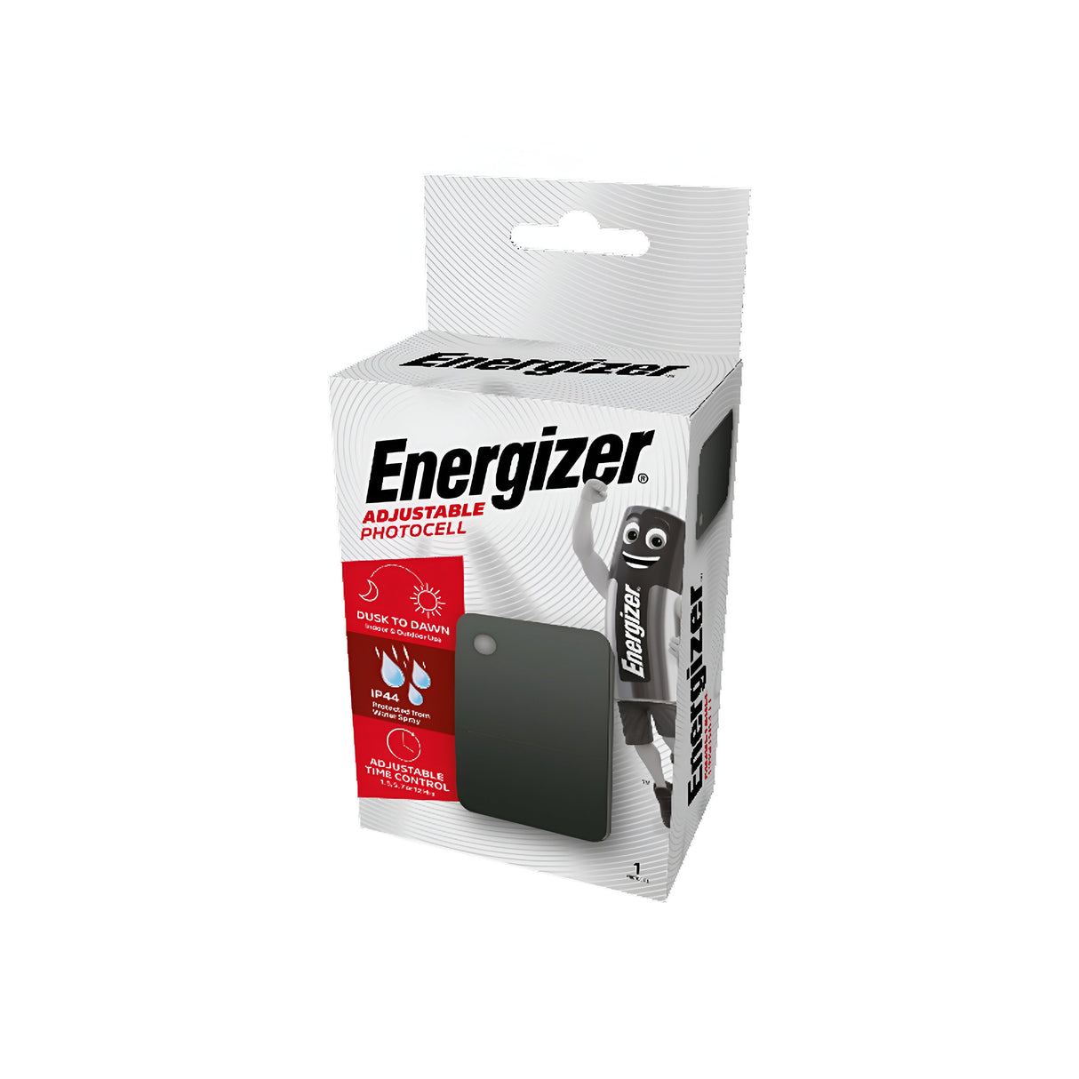 Box of an Energizer Outdoor LED Adjustable Wall Light With Photocell - Black, featuring dusk-to-dawn photocell lighting and an IP44 rating. The predominantly white and black package displays product details along with a small image of this energy-efficient lighting solution on the front.