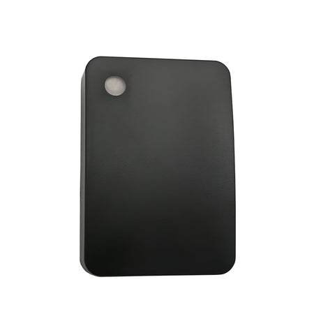 A black rectangular electronic device with a small circular button on the top left corner, reminiscent of the sleek design found in the Energizer Outdoor LED Adjustable Wall Light With Photocell - Black—ideal for those who value energy-efficient lighting solutions.