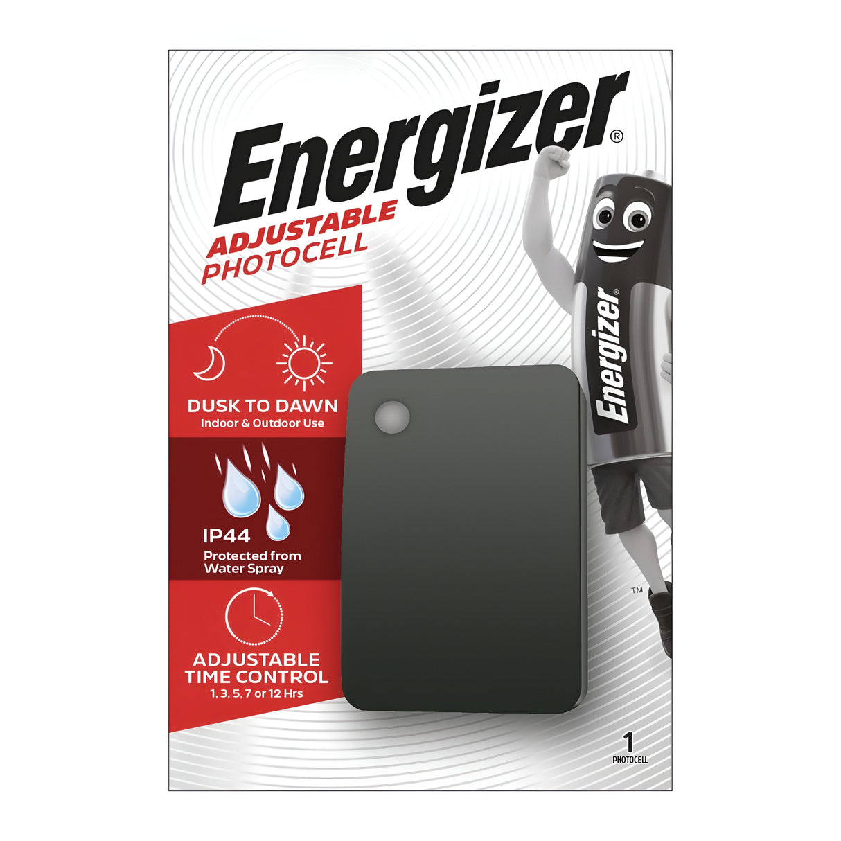 The packaging of the Energizer Outdoor LED Adjustable Wall Light with Photocell - Black features a stylish black device. Key highlights include energy-efficient lighting equipped with dusk-to-dawn functionality, making it ideal for both indoor and outdoor applications. It offers IP44 water protection and comes with adjustable time control, all showcased alongside the iconic Energizer mascot on the right side.