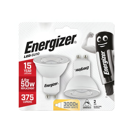 The packaging for the Energizer 4.6W GU10 Dimmable LED Bulb - Warm White, 3000K (2 Pack) features two energy-efficient LED bulbs alongside a cartoon battery character, emphasizing their 15-year lifespan, with each bulb equivalent to 50W and emitting 375 lumens of warm white light at 3000K.