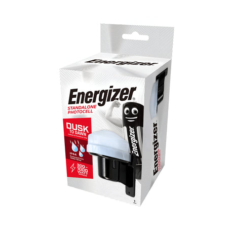 Packaging of the Energizer Outdoor LED Wall Light with Photocell - Black. The box is predominantly white with red and black text, highlighting product features such as Dusk to Dawn functionality and 300 Watts, in addition to showcasing advanced photocell technology. A cartoon battery character is prominently displayed on the front.