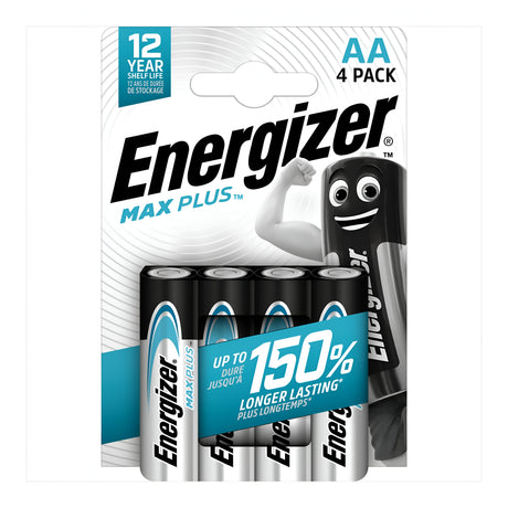 The Energizer Max Plus AA LR6 Alkaline Batteries (4 Pack) offer a 12-year shelf life and promise extended performance, lasting 150% longer. The packaging includes a cheerful cartoon battery character on the right side.