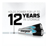 Image showcasing two Energizer Max Plus C LR14 Alkaline Batteries in black and silver against a white background. Accompanying text states, "Holds power for up to 12 years in storage." The background features a circular design emphasizing its leak-resistant construction.