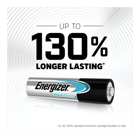 A silver and black Energizer Max Plus C LR14 Alkaline Battery from the 2-pack set is showcased with the text UP TO 130% LONGER LASTING above it. Designed with leak-resistant construction, it promises reliable performance. A note at the bottom reads *vs. IEC 2015 standard minimum average duration in toys.