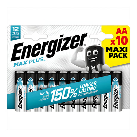 The 10-pack of Energizer Max Plus AA LR6 Alkaline Batteries features a lively battery mascot on its packaging and emphasizes their extended battery performance, lasting 150% longer, with an impressive shelf life of up to 12 years.