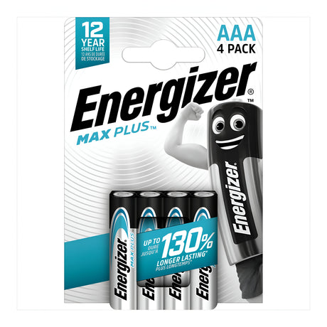The Energizer Max Plus AAA LR03 Alkaline Batteries (4 Pack) are perfect for high-drain devices. Featuring a battery mascot, the packaging emphasizes longevity and claims these batteries last 130% longer. Additionally, a blue square on the top indicates a 12 Year Shelf Life.