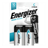 Packaging of Energizer Max Plus C LR14 Alkaline Batteries (2 Pack) featuring the Energizer mascot, a battery character with arms, on a white background. Known for its leak-resistant construction and 10-year shelf life.