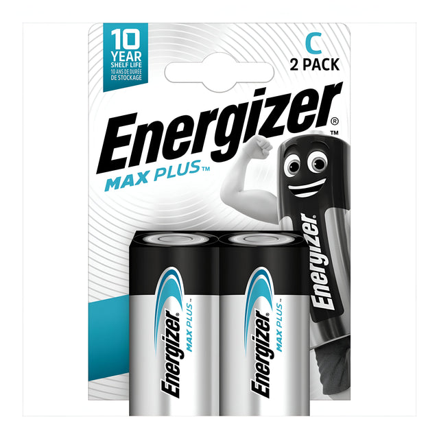 Packaging of Energizer Max Plus C LR14 Alkaline Batteries (2 Pack) featuring the Energizer mascot, a battery character with arms, on a white background. Known for its leak-resistant construction and 10-year shelf life.