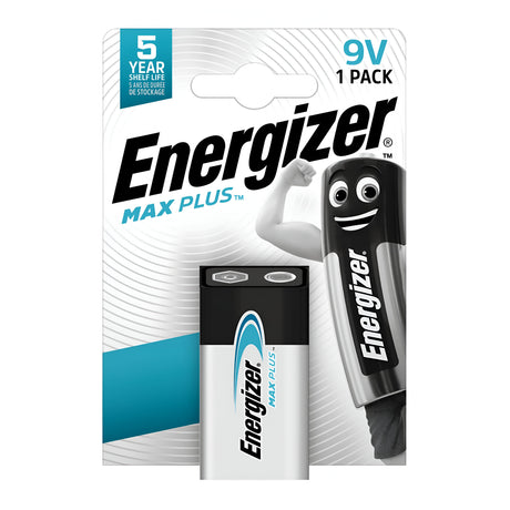 The packaging of the Energizer Max Plus 9V PP3 6LR61 Alkaline Battery (1 Pack) features a single battery, highlighting its remarkable 5-year shelf life. A battery character illustration flexes its arm, representing strength and durability, making it an ideal choice for dependable power requirements.
