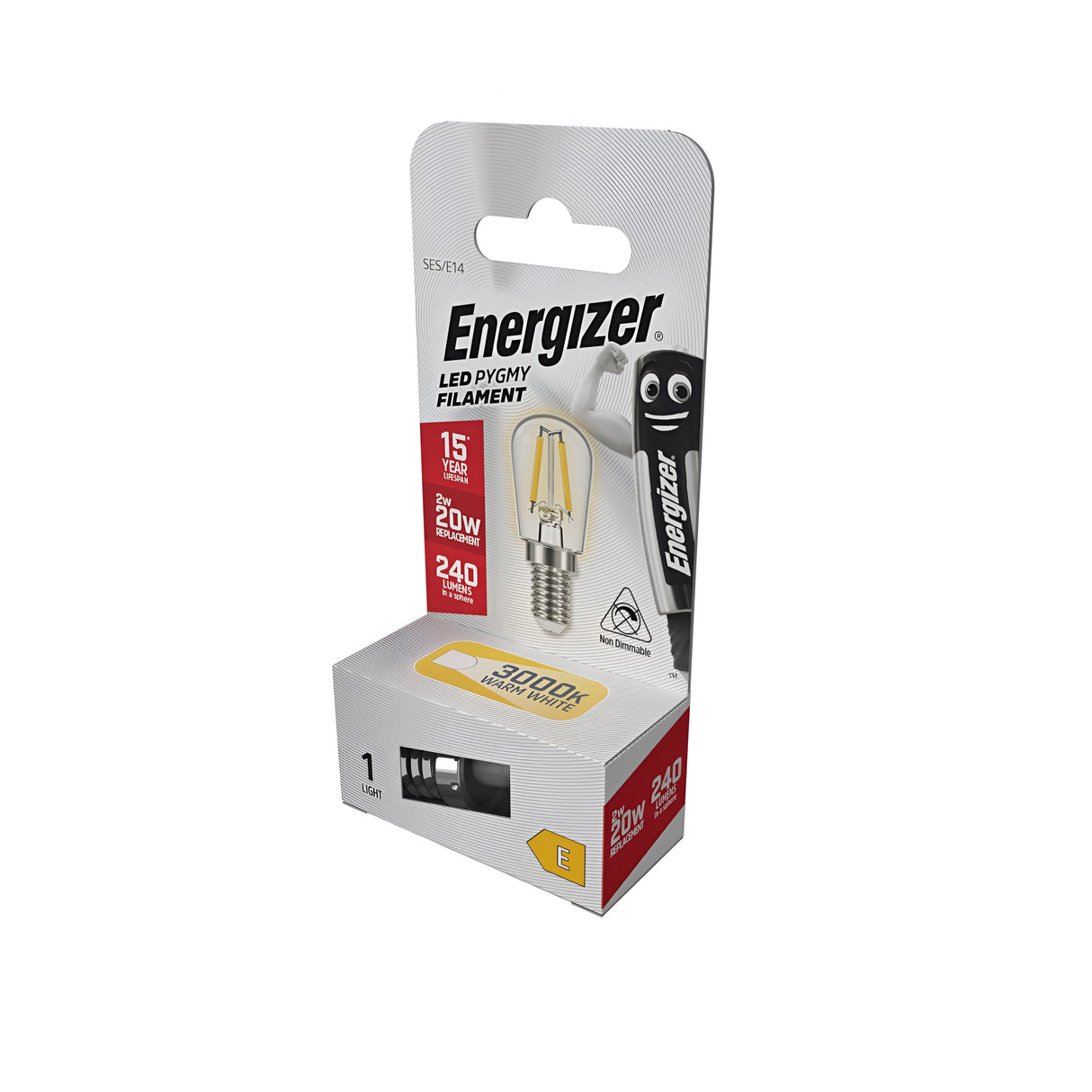 The packaging for the Energizer 2W Non-Dimmable LED Pygmy Filament Bulb - Warm White, E14, 2700K highlights energy efficiency with an impressive 15,000-hour lifespan and a performance equivalent to a 20W bulb. Emitting 240 lumens of warm white light, the box features a cartoon character alongside product specifications while incorporating vintage charm into its design.