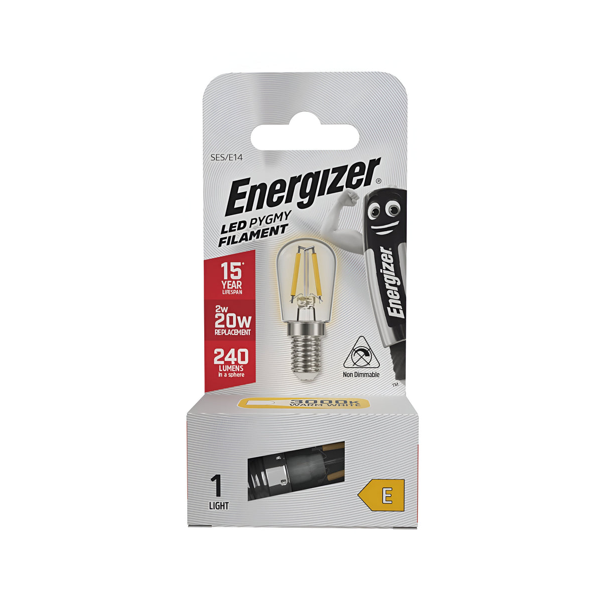 The packaging of the Energizer 2W Non-Dimmable LED Pygmy Filament Bulb - Warm White, E14, 2700K exudes vintage charm with its 2W power, equivalent to 20W, delivering 240 lumens and a lifespan of 15 years. It features an image of the bulb alongside a cartoon mascot on the right and highlights warm white light with an energy efficiency rating of E.